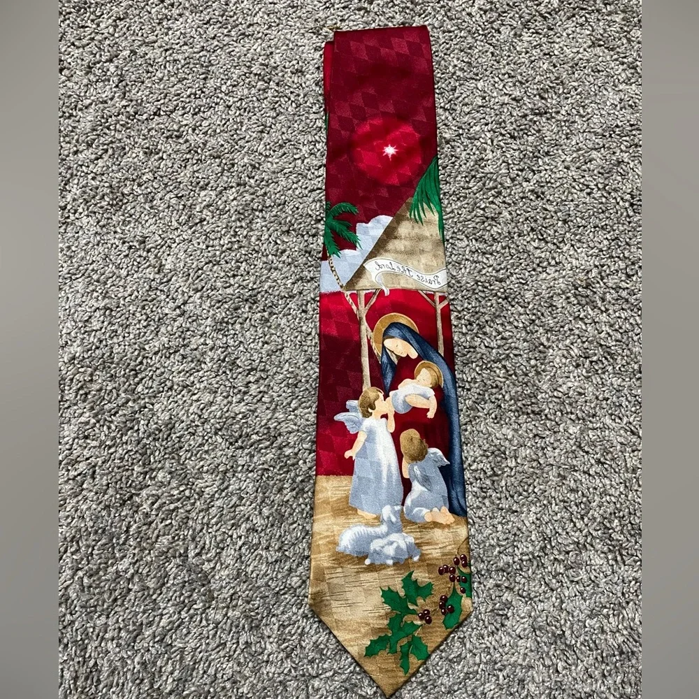 Hallmark Holiday Men's Traditions Christmas Tie Red w/Mary Baby Jesus and Angels